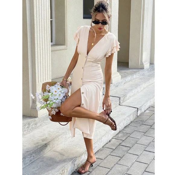 Beige Midi Dress V-Neck Ruffle Sleeve Button Through - Picture 6 of 9